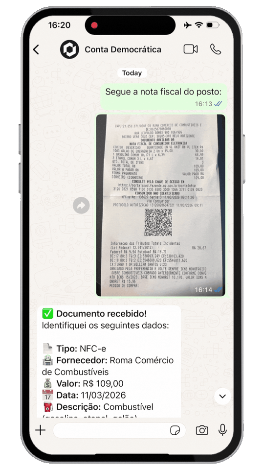 Demonstração de envio de nota fiscal via WhatsApp para a plataforma Conta Democrática